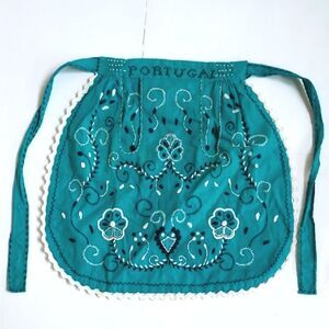 Vintage Handmade Embroidered "Portugal" Teal Half Apron W/Pockets